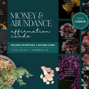 Plantilla de Canva para 48 tarjetas de afirmación de dinero y abundancia editables / Afirmaciones positivas digitales / Uso comercial / Floral oscuro - LD005