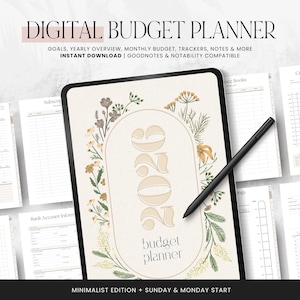 Könnte beinhalten: Digitaler Budgetplaner mit floralem Design, mit dem Jahr 2026. Enthält Jahresübersicht, Monatsbudget, Tracker und Notizen. Kompatibel mit GoodNotes und Notability. Der Text lautet "Digital Budget Planner".