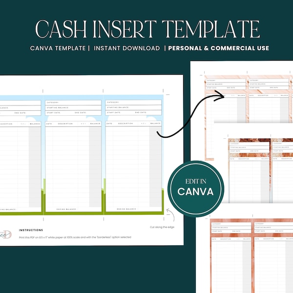 Cash Envelope Insert Canva Template, Editable Cash Spending Tracker, Budget Savings Envelope, INSTANT DOWNLOAD, Commercial Use - Vertical