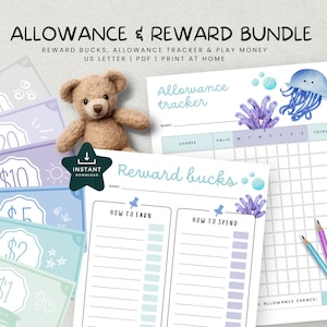 Allowance Tracker Printable, Editable PDF Chore Chart, Play Money Reward System, Weekly Tracker for kids, INSTANT DOWNLOAD, Under the sea
