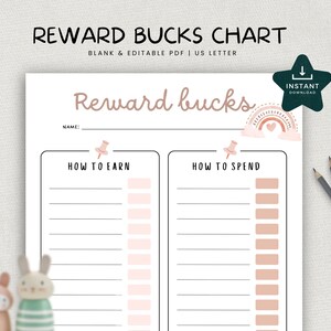 Kids Reward Bucks Chart Printable, Editable Kids Reward System PDF, Chore Chart Sheet, Allowance Tracker, INSTANT DOWNLOAD, Boho Rainbow