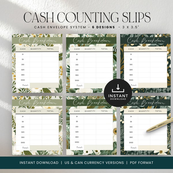 Cash Breakdown Slip, Bank Teller Slip Printable, Coin Counting, Money Trackers Printable, Cash Envelope, INSTANT DOWNLOAD, S6 - Green Floral