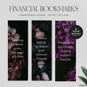 Marcador de finanzas imprimible, Marcador Png, Libros financieros, Cotizaciones de dinero, DESCARGA INSTANTE, Carta/A4/ PNG - Set 3 - Floral Oscuro