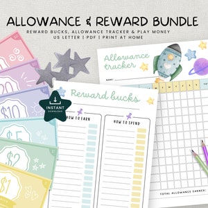 May include: A printable allowance and reward bundle for kids featuring a space-themed allowance tracker, reward bucks, and play money. The tracker includes a section for earning and spending rewards. The play money features different denominations from $1 to $50.