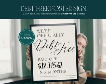 Debt Free Poster, Editable Canva Debt Payoff Template, Debt-Free Customizable Sign, Paid off Loans, INSTANT DOWNLOAD, Calligraphy Script