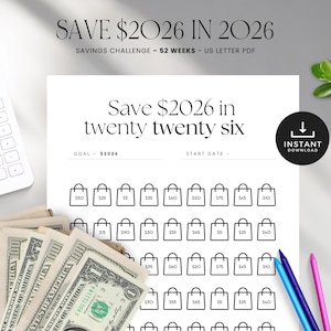 Défi Économies 2026 imprimable : épargnez 2026 en 2026, suivi des objectifs d'économies de sacs, téléchargement immédiat