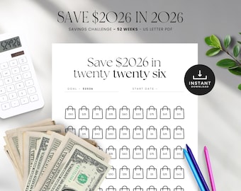 Sfida di risparmio 2026 stampabile: risparmia nel 2026, monitoraggio degli obiettivi di risparmio sui bagagli, download immediato