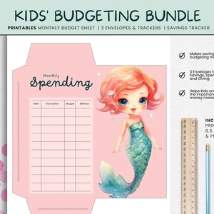 May include: Printable budgeting bundle for kids featuring a mermaid illustration. Includes three envelopes for savings, spending, and giving, along with a monthly budget sheet and savings tracker.  8.5 x 11 inches.