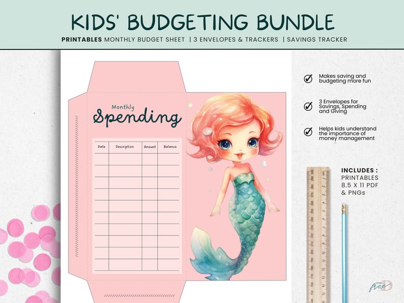 May include: Printable budgeting bundle for kids featuring a mermaid illustration. Includes three envelopes for savings, spending, and giving, along with a monthly budget sheet and savings tracker.  8.5 x 11 inches.