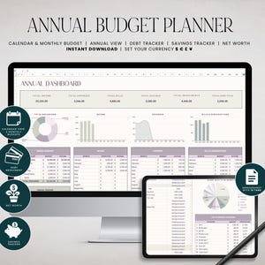 May include: A computer screen displaying a spreadsheet with a budget planner template. The spreadsheet includes sections for income, expenses, bills, savings, investments, and debt. The template is designed to help users track their finances and create a budget.