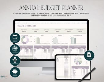Annual Budget Planner Spreadsheet, Budgeting GoogleSheets, Monthly Budget, Expense Tracker, Net Worth, Debt Payoff Calculator, Mint Purple