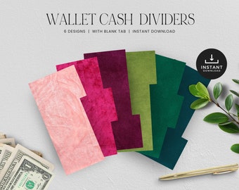 Cash Tab Dividers for Wallet, Money Organizer, Cash Envelope Budget System, Cash Stuffing, INSTANT DOWNLOAD, Set of 6 - Pink + Green Velvet