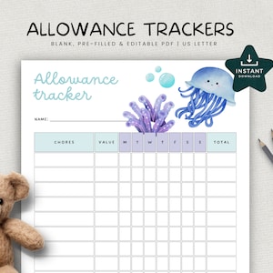Allowance Tracker Printable, Editable PDF Chore Chart, Allowance Reward System, Weekly Allowance Tracker, INSTANT DOWNLOAD, Under the sea