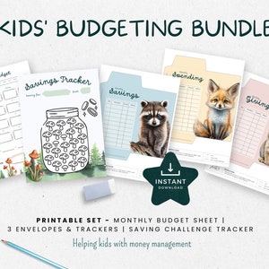 May include: Printable budgeting bundle for kids featuring a monthly budget sheet, savings tracker, and three envelopes for spending, giving, and saving. The illustrations include a raccoon, fox, and rabbit.