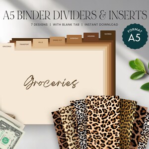 May include: A set of seven A5 binder dividers and inserts featuring a leopard print design. The dividers have blank tabs and include categories such as groceries, transport, bills, dining out, everyday, housing, and savings.