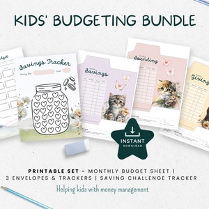 May include: Printable budgeting bundle for kids featuring a monthly budget sheet, three envelopes for spending, saving, and giving, and a savings tracker with a jar and hearts. The printable set is designed to help kids learn about money management.  The text "KIDS' BUDGETING BUNDLE" is at the top of the image.  The text "INSTANT DOWNLOAD" is in a star shape.