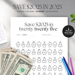 2025 Savings Challenge, Save 2025 in 2025 Savings Challenge Printable, 2k Savings Goals, Saving Chart Template, INSTANT DOWNLOAD - Vases