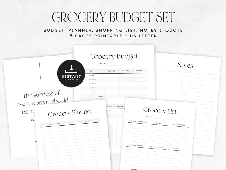 Pu&ograve; includere: Un set di budget per la spesa stampabile con cinque pagine, tra cui un tracker di budget, un planner, una lista della spesa, note e una citazione. Le pagine sono progettate in uno stile minimalista con testo nero su sfondo bianco.