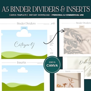 May include: A set of printable A5 binder dividers and inserts for organizing. The dividers feature a green and blue landscape design with the word "Category" and the inserts feature a brown and white floral design. The text "Edit in Canva" is visible on the page.