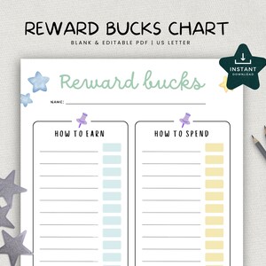 May include: Printable reward chart with a blue star design. The chart is divided into two sections: "How to Earn" and "How to Spend".