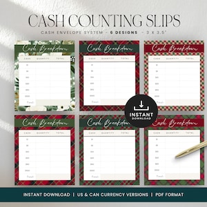 Cash Breakdown Slip, Bank Teller Slip Printable, Coin Counting, Money Trackers Printable, Cash Envelope, INSTANT DOWNLOAD - Holiday Plaid