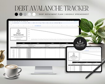 Google スプレッドシート用の Debt Avalanche スプレッドシート、借金返済プランナー トラッカー、ローン返済予算テンプレート、即時ダウンロード - ブラック LD018