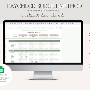 May include: A computer screen displaying a Google Sheets spreadsheet titled "Paycheck Budget Method - Sample Month". The spreadsheet is designed to help users track their income and expenses. The spreadsheet is in a green, white, and beige color scheme. The text "earth - color palette" is visible on the right side of the image.
