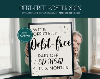 Debt Free Poster, Editable Canva Debt Payoff Template, Debt-Free Customizable Sign, Paid off Loans, INSTANT DOWNLOAD, Script & Confetti