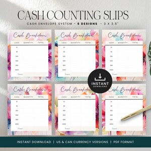 Cash Breakdown Slip, Bank Teller Slip Printable, Coin Counting, Money Trackers Printable, Cash Envelope, INSTANT DOWNLOAD - Bright Florals
