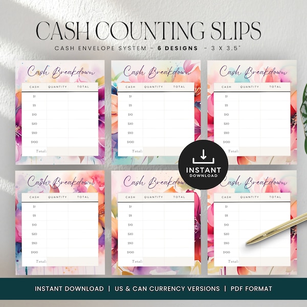 Cash Breakdown Slip, Bank Teller Slip Printable, Coin Counting, Money Trackers Printable, Cash Envelope, INSTANT DOWNLOAD - Bright Florals