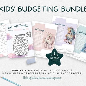 May include: Printable budgeting bundle for kids featuring a monthly budget sheet, three envelopes, and a savings tracker. The design includes a unicorn theme with watercolor illustrations.