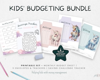 Puede incluir: Paquete de presupuesto imprimible para niños que incluye una hoja de presupuesto mensual, tres sobres y un rastreador de ahorros. El diseño incluye un tema de unicornio con ilustraciones de acuarela.