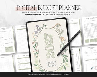 May include: A digital budget planner displayed on a tablet screen with a black stylus, featuring a 2027 cover design with floral illustrations. The surrounding pages include templates for monthly budgets, debt payments, and credit score trackers.