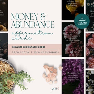 48 cartes d'affirmation argent et abondance à imprimer | Histoires sur les réseaux sociaux | Affirmations positives | Téléchargement instantané | Floral foncé - LD005