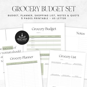 Op de afbeelding: Een printbare boodschappenbudgetset met vijf pagina's, waaronder een budgettracker, planner, boodschappenlijst, notities en een citaat. De pagina's zijn ontworpen in een minimalistische stijl met een groen-wit kleurenschema.