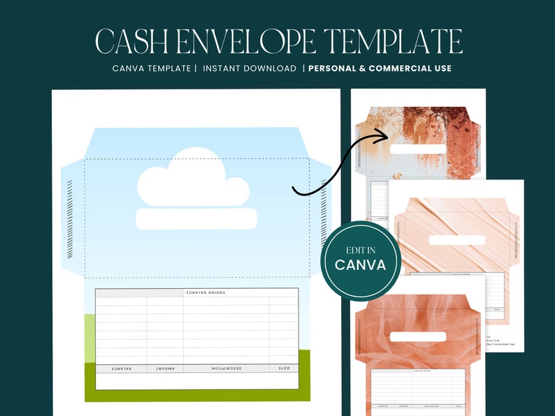 Cash Envelope Canva Template, Editable Envelope with Spending Tracker, Savings Envelope for Budgets, INSTANT DOWNLOAD, Commercial Use image 1