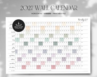 Printbare pastelkleurige jaarkalender 2027: Regenboogkalenderposter met 12 maanden (4 formaten) Direct te downloaden