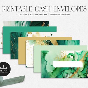 Sobres para efectivo imprimibles con rastreador de transacciones, sistema de sobres horizontales para presupuestos, DESCARGA INMEDIATA, juego de 7 - Tinta con alcohol Emerald LD007
