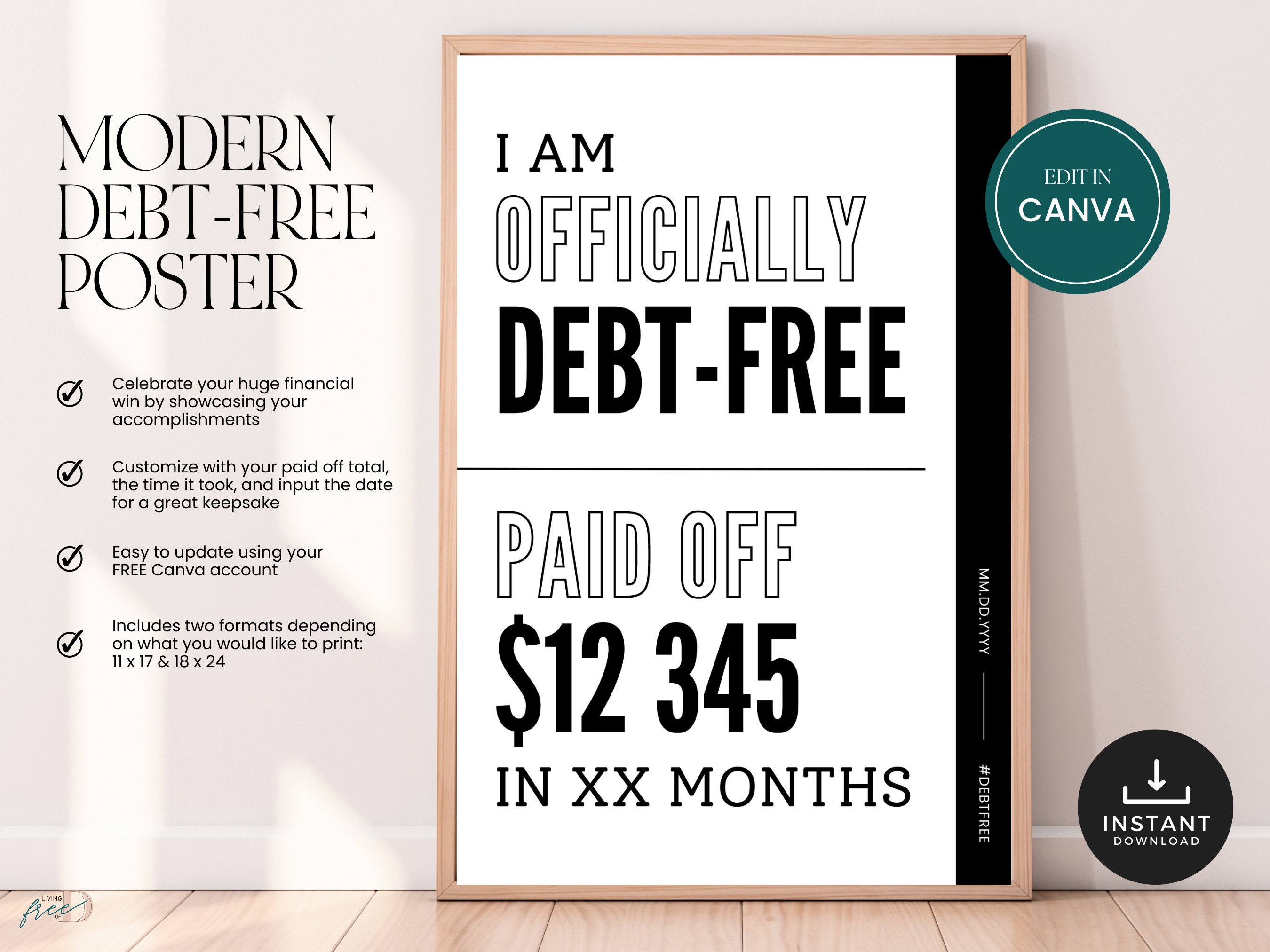 Payoffs Sign Debt Free Poster, Editable Canva Debt Payoff Template, Debt-free ...