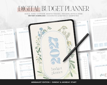 May include: A digital budget planner for 2027 displayed on a tablet screen with a stylus. The cover features a floral border and the text 2027 budget planner. Surrounding the tablet are various page templates including a credit score tracker.