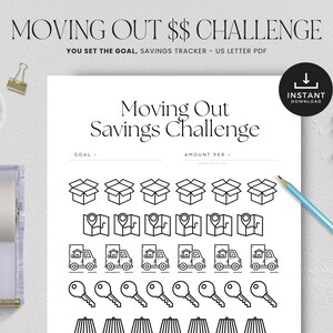 May include: A printable moving out savings challenge tracker with a black and white design. The tracker features icons of boxes, maps, moving trucks, keys, and houses. The text "Moving Out Savings Challenge" is at the top of the page. The text "GOAL" and "AMOUNT PER" are at the top of the columns.