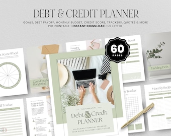 May include: A printable PDF planner with a green and white cover featuring the text "The Essential Debt & Credit Planner" and "Unlocking Financial Freedom: Your Guide to a Debt-Free Future". The planner includes 60 pages with sections for budgeting, tracking bills, managing credit score, and tackling debt.