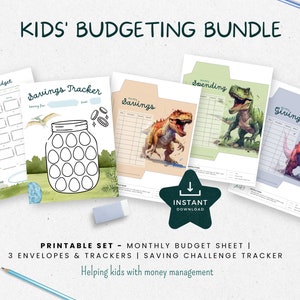 Kids Budgeting Printables Set, Cash Envelopes w/ Transaction Tracker, Savings Challenge Tracker, Monthly Budget, INSTANT DOWNLOAD, Dinosaur