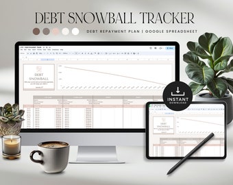 May include: A computer screen and tablet display a Google spreadsheet with a debt snowball tracker. The spreadsheet includes a graph, a table, and the text "DEBT SNOWBALL". The image also includes a download button with the text "INSTANT DOWNLOAD".