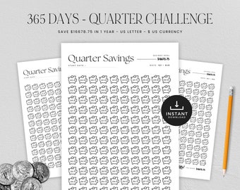 365 dagen spaaruitdaging met kwartjes (printbaar), 365 dagen spaartracker voor 25 cent, spaardoelen voor 52 weken (direct te downloaden)