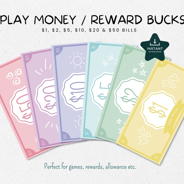 Play Money for Kids, Reward Bucks Printable, Money Games for Kids, Chore Bucks, Pretend Money, Fun Money, INSTANT DOWNLOAD, Rainbow Color