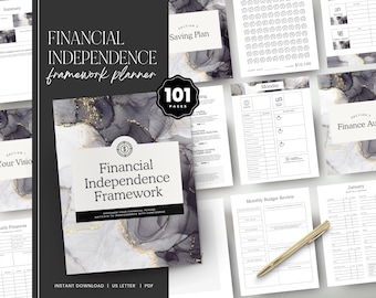 Può includere: Un planner bianco e nero con accenti dorati che presenta un design in marmo. Il planner è intitolato "Financial Independence Framework" e comprende 101 pagine. Il planner include sezioni per il risparmio, il budget e le verifiche finanziarie.