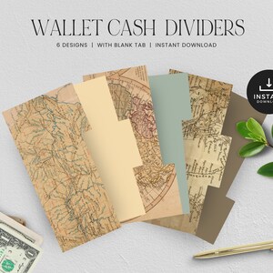 May include: Six vintage map-themed wallet cash dividers with a blank tab. The dividers are in various shades of brown, beige, and green. The text "WALLET CASH DIVIDERS" and "6 DESIGNS | WITH BLANK TAB | INSTANT DOWNLOAD" is at the top of the image.