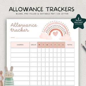 Allowance Tracker Printable, Editable PDF Chore Chart, Play Money Reward System, Weekly Tracker for kids activity, INSTANT DOWNLOAD, Rainbow
