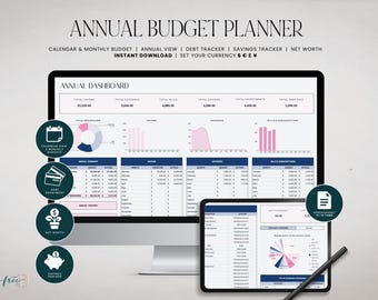 Annual Budget Planner Spreadsheet, Budgeting GoogleSheets, Monthly Budget, Expense Tracker, Net Worth, Debt Payoff Calculator, Navy & Pink